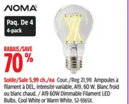 Canadian Tire NOMA A19 60W Dimmable Filament LED Bulbs offer