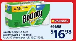 Walmart Bounty Select-A-Size paper towels 8 = 16 rolls offer