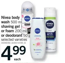 Fortinos NIVEA BODY WASH, 500 ML, SHAVING GEL OR FOAM, 200 ML OR DEODORANT, 50 G offer