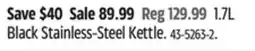 Canadian Tire Paderno 1.7L Black Stainless-Steel Kettle offer