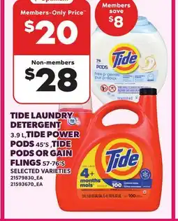 Loblaws TIDE LAUNDRY DETERGENT, 3.9 L, TIDE POWER PODS, 45'S TIDE PODS OR GAIN FLINGS, 57-76'S offer