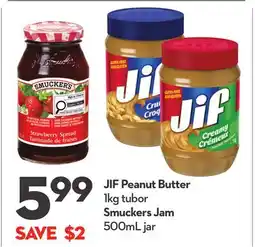 Longo's JIF Peanut Butter 1kg tubor, Smuckers Jam 500mL offer