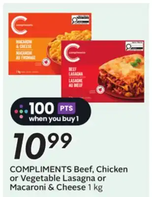 Sobeys COMPLIMENTS Beef, Chicken or Vegetable Lasagna or Macaroni & Cheese offer