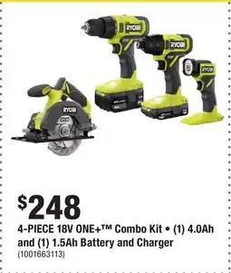 Home Depot 4-PIECE 18V ONE+ Combo Kit • (1) 4.0Ah and (1) 1.5Ah Battery and Charger offer