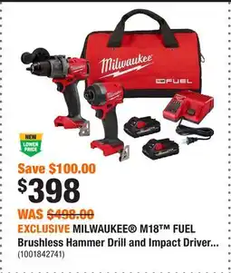 Home Depot EXCLUSIVE MILWAUKEE M18 FUEL Brushless Hammer Drill and Impact Driver Combo Kit offer