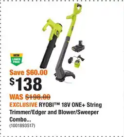 Home Depot EXCLUSIVE RYOBI 18V ONE+ String Trimmer/Edger and Blower/Sweeper Combo Kit •2.0 Ah Battery offer