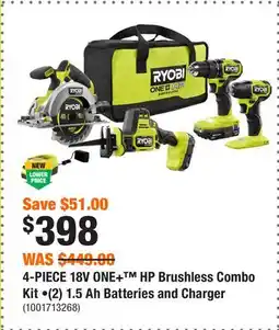 Home Depot 4-PIECE 18V ONE+ HP Brushless Combo Kit •(2) 1.5 Ah Batteries and Charger offer