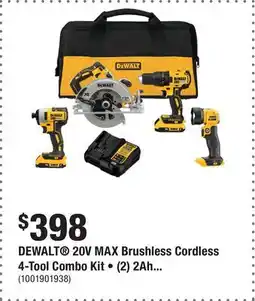 Home Depot DEWALT 20V MAX Brushless Cordless 4-Tool Combo Kit • (2) 2Ah Batteries, Charger & Bag offer
