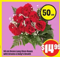 FreshCo 50 cm Dozen Long Stem Roses with Greens & Baby's Breath offer