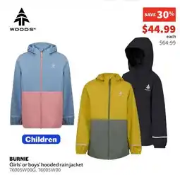 Sports Experts WOODS BURNIE Girls' or boys' hooded rain jacket offer