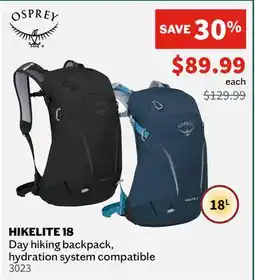 Sports Experts OSPREY HIKELITE 18 Day hiking backpack, hydration system compatible offer