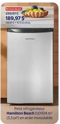 Walmart Petit réfrigérateur Hamilton Beach 0,0934 m³ (3,3 pi³) en acier inoxydable offer