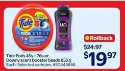 Walmart Tide Pods 45s – 76s or Downy scent booster beads 853 g offer