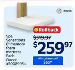 Walmart Spa Sensations 8 memory foam mattress offer