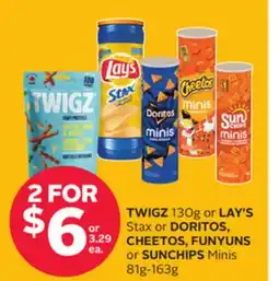 Rexall TWIGZ 130g or LAY'S Stax or DORITOS, CHEETOS, FUNYUNS or SUNCHIPS Minis 81g-163g offer