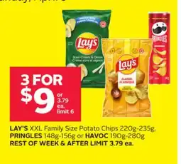 Rexall LAY'S XXL Family Size Potato Chips 220g-235g, PRINGLES 148g-156g or HAVOC 190g-280g offer
