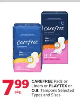 Rexall CAREFREE Pads or Liners or PLAYTEX or O. B. Tampons offer