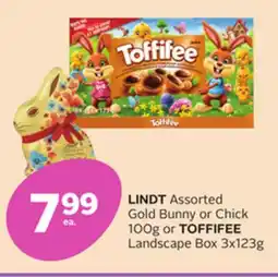 Rexall LINDT Assorted Gold Bunny or Chick 100g or TOFFIFEE Landscape Box offer