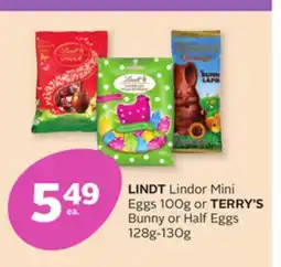 Rexall LINDT Lindor Mini Eggs 100g or TERRY'S Bunny or Half Eggs 128g-130g offer