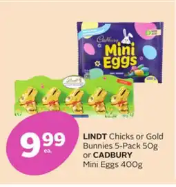 Rexall LINDT Chicks or Gold Bunnies 5-Pack 50g or CADBURY Mini Eggs 400g offer
