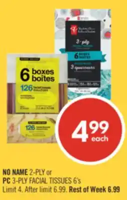 Shoppers Drug Mart NO NAME 2-PLY or PC 3-PLY FACIAL TISSUES 6's offer