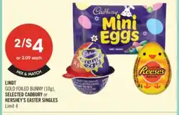 Shoppers Drug Mart LINDT GOLD FOILED BUNNY (10g), SELECTED CADBURY or HERSHEY'S EASTER SINGLES offer