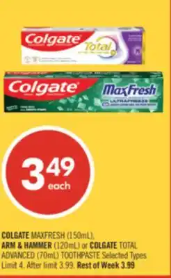 Shoppers Drug Mart COLGATE MAXFRESH (150mL), ARM & HAMMER (120mL) or COLGATE TOTAL ADVANCED (70mL) Toothpaste offer