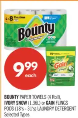 Shoppers Drug Mart BOUNTY PAPER TOWELS (4 Roll), IVORY SNOW (1.36L) or GAIN FLINGS PODS (18's - 31's) LAUNDRY DETERGENT offer