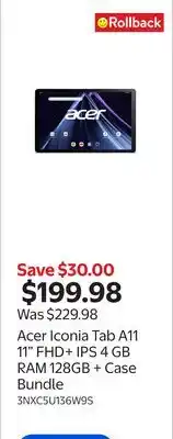 Walmart Acer Iconia Tab A11 11 FHD+ IPS 4 GB RAM 128GB + Case Bundle offer