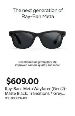 Walmart Ray-Ban | Meta Wayfarer (Gen 2) - Matte Black, Transitions Grey lenses offer