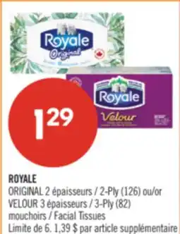 Pharmaprix ROYALE ORIGINAL 2-Ply (126) or VELOUR 3-Ply (82) Facial Tissues offer