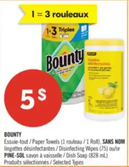 Pharmaprix BOUNTY Paper Towels (1 Roll) NO NAME Disinfecting Wipes (75) PINE-SOL Dish Soap (828 mL) offer