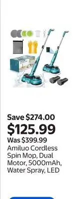 Walmart Amiluo Cordless Spin Mop, Dual Motor, 5000mAh, Water Spray, LED offer