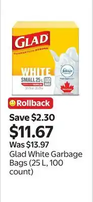 Walmart Glad White Garbage Bags (25 L, 100 count) offer