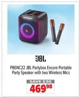 2001 Audio Video PBENC22 JBL Partybox Encore Portable Party Speaker with two Wireless Mics offer