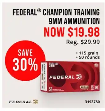 Cabela's FEDERAL CHAMPION TRAINING 9MM AMMUNITION offer