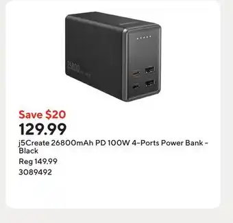 Staples j5Create 26800mAh PD 100W 4-Ports Power Bank - Black offer