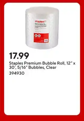 Staples Staples Premium Bubble Roll, 12 x 30', 5/16 Bubbles, Clear offer