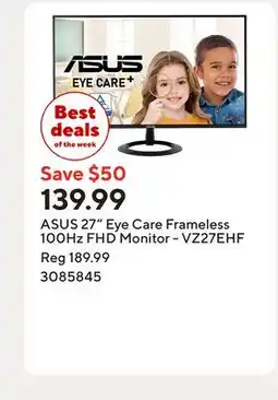 Staples ASUS 27 Eye Care Frameless 100Hz FHD Monitor - VZ27EHF offer