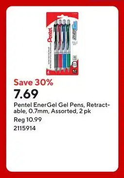 Staples Pentel EnerGel Gel Pens, Retractable, 0.7mm, Assorted offer