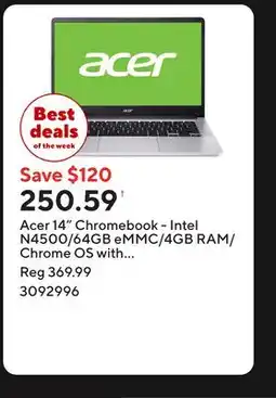 Staples Acer 14 Chromebook - Intel N4500/64GB eMMC/4GB RAM/Chrome OS with 3 months of Google AI Pro offer