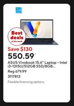 Staples ASUS Vivobook 15.6 Laptop - Intel i3-1315U/512GB SSD/8GB RAM/Windows 11 Home offer
