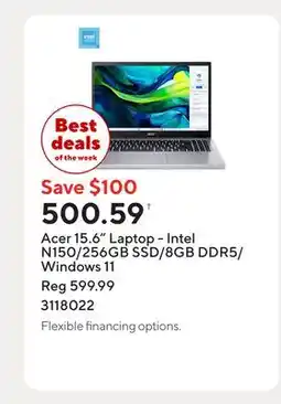 Staples Acer 15.6 Laptop - Intel N150/256GB SSD/8GB DDR5/Windows 11 offer