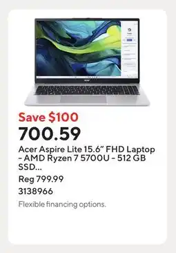 Staples Acer Aspire Lite 15.6 FHD Laptop - AMD Ryzen 7 5700U - 512 GB SSD - 8 GB RAM - Windows 11 - Silver offer