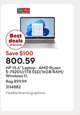 Staples HP 15.6 Laptop - AMD Ryzen 5-7520U/1TB SSD/16GB RAM/Windows 11 offer