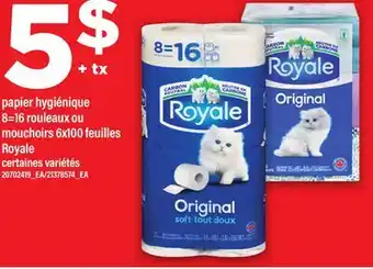 Maxi PAPIER HYGIÉNIQUE 8=16 ROULEAUX OU MOUCHOIRS 6X100 FEUILLES ROYALE offer