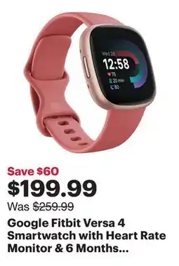 Best Buy Google Fitbit Versa 4 Smartwatch with Heart Rate Monitor & 6 Months FitBit Premium - Pink Sand offer