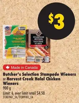 No Frills Butcher's Selection Stampede Wieners or Harvest Creek Halal Chicken Wieners offer
