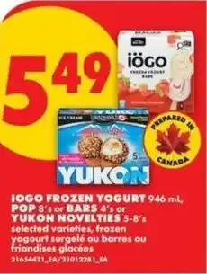 No Frills Iogo frozen yogurt, pop or bars or yukon novelties offer