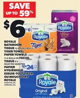 Independent Grocer ROYALE BATHROOM TISSUE, 12 DOUBLE ROLLS TIGER TOWEL PAPER TOWELS 3=6 ROLLS OR FACIAL TISSUE 6'S offer